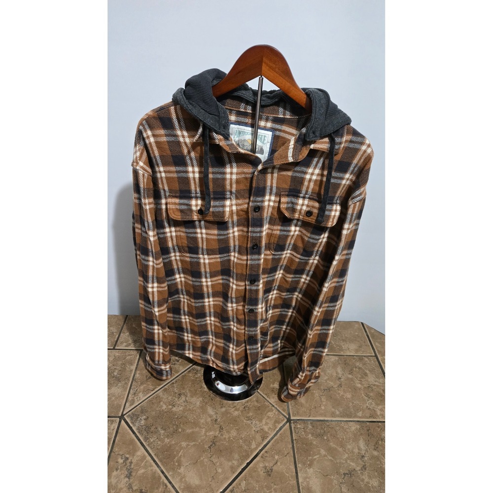 American Eagle Flannel Plaid Button Front Hooded Jacket Pocket Shacket Sz L